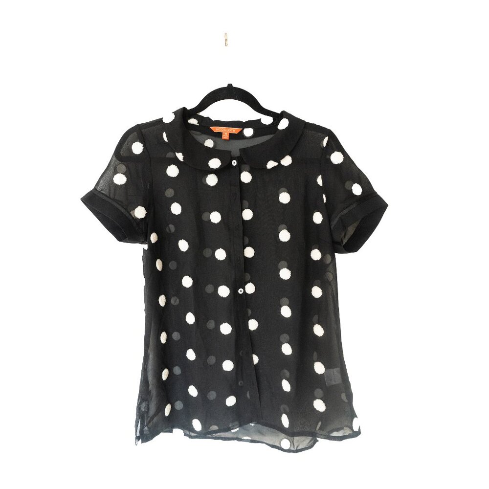 ModCloth Black Polka Dot Peter Pan Collar Sheer Short Sleeve Blouse Size M